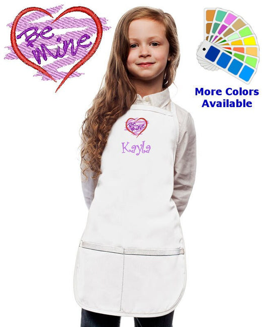 Personalized Kids Valentines Apron with Be Mine Heart Valentines Day Embroidery Design
