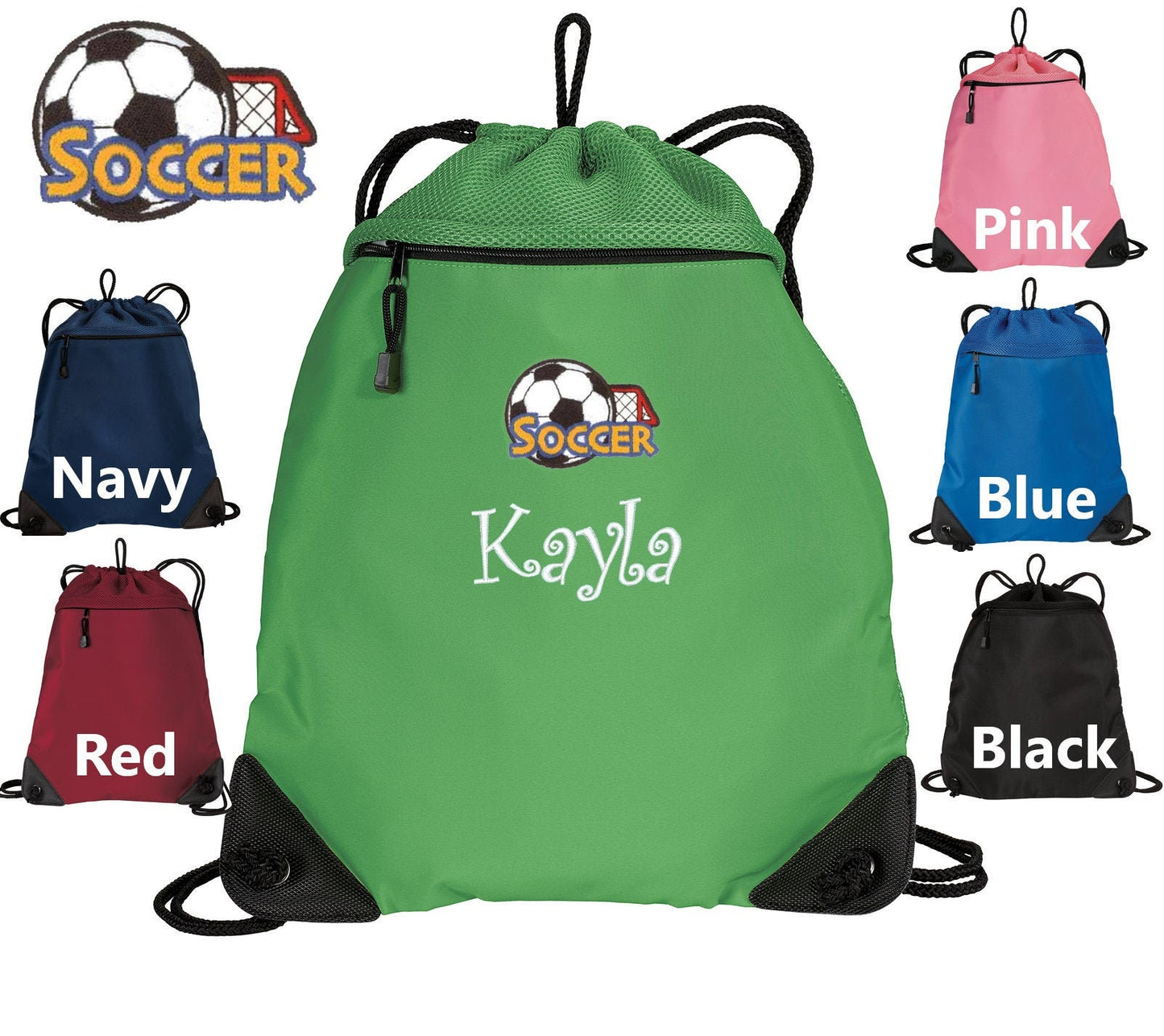 Personalized Kids Cinch Pack Drawstring Gym School PE Pool Backpack Embroidered Soccer Monogrammed with Custom Name Perfect Kids Gift