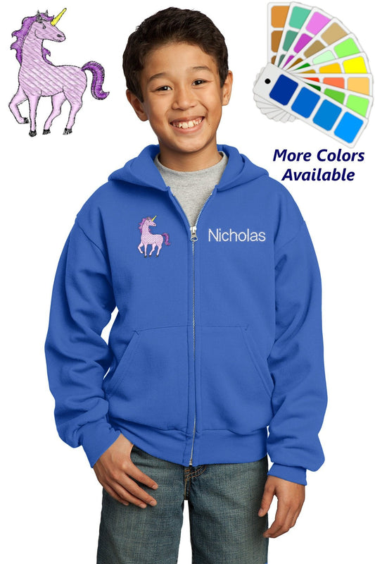 Personalized Kids Hoodie Sweatshirt Zipper Embroidered Pink Unicorn Design with a Name of Your Choice