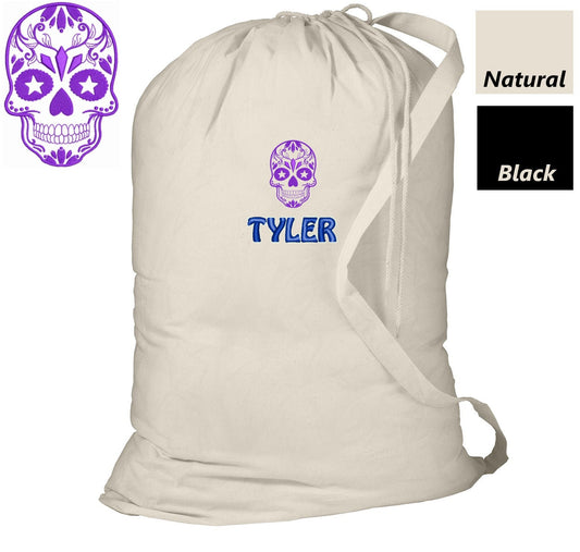 Personalized Sugar Skull Laundry Bag, Summer Camp Bag, College Dorm Laundry Bag, School Laundry Bag, Embroidered Monogrammed with Name