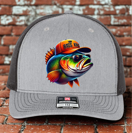 Funny Bass King Trucker Hat, Bass Fishing Hat Design, Richardson 112, Funny Dad Gift Husband Gift, Sportsman Gift, Printed Hat