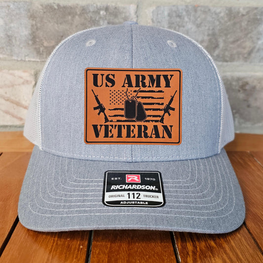 Army Veteran Leather Patch Trucker Hat, Richardson 112, US Army Veteran Hat, Military Gift, Flag, Dad Gift, Army Cap, Laser Engraved