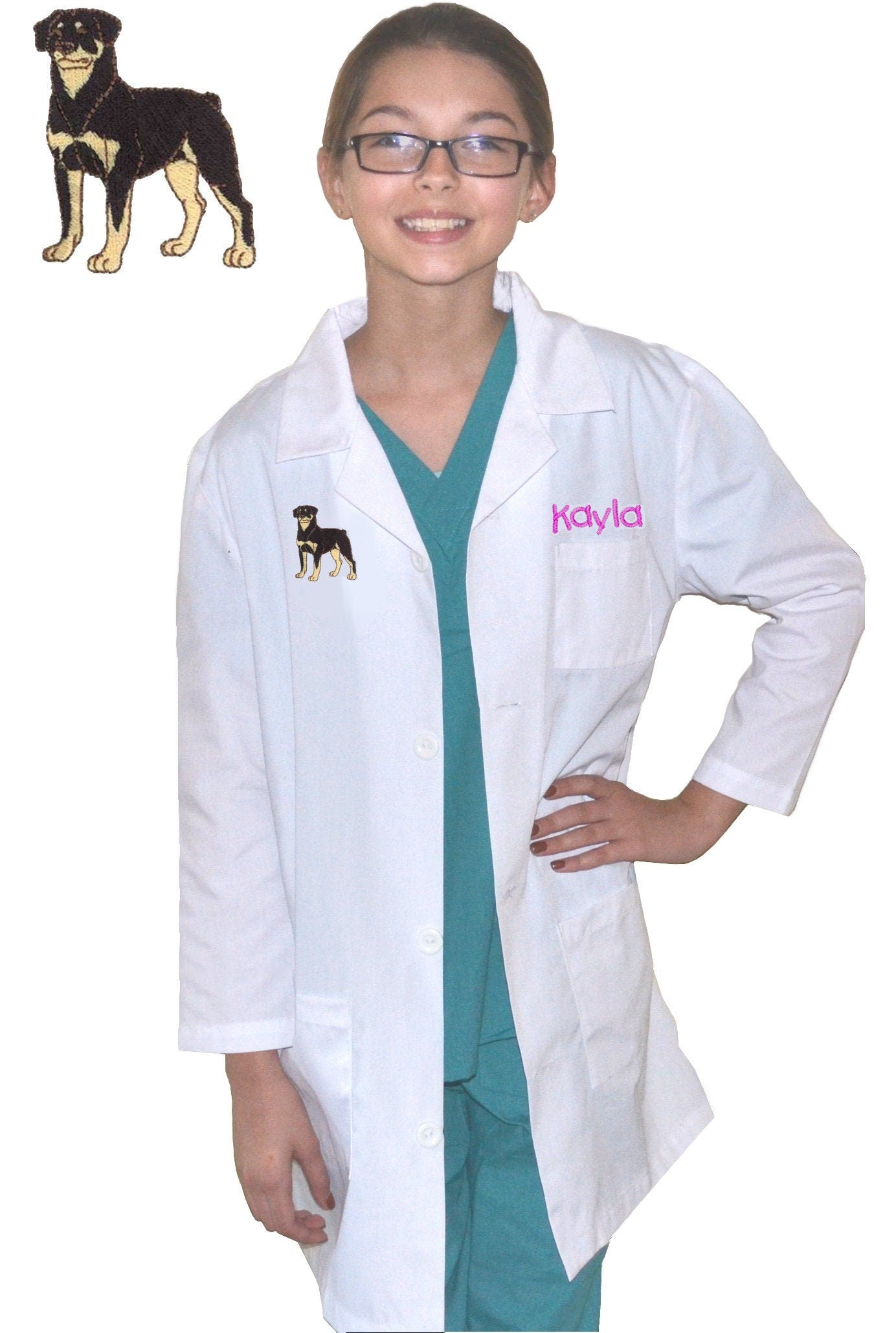 Personalized Kids Lab Coat with Rottweiler Dog Embroidery Design, Veterinarian Lab Coat, Birthday Gift, Childrens Lab Coat Monogrammed Name