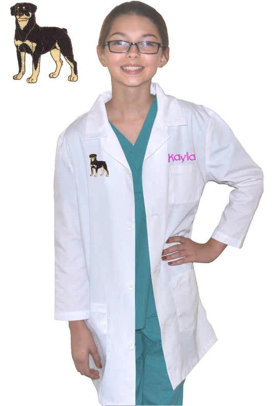 Personalized Kids Lab Coat with Rottweiler Dog Embroidery Design, Veterinarian Lab Coat, Birthday Gift, Childrens Lab Coat Monogrammed Name