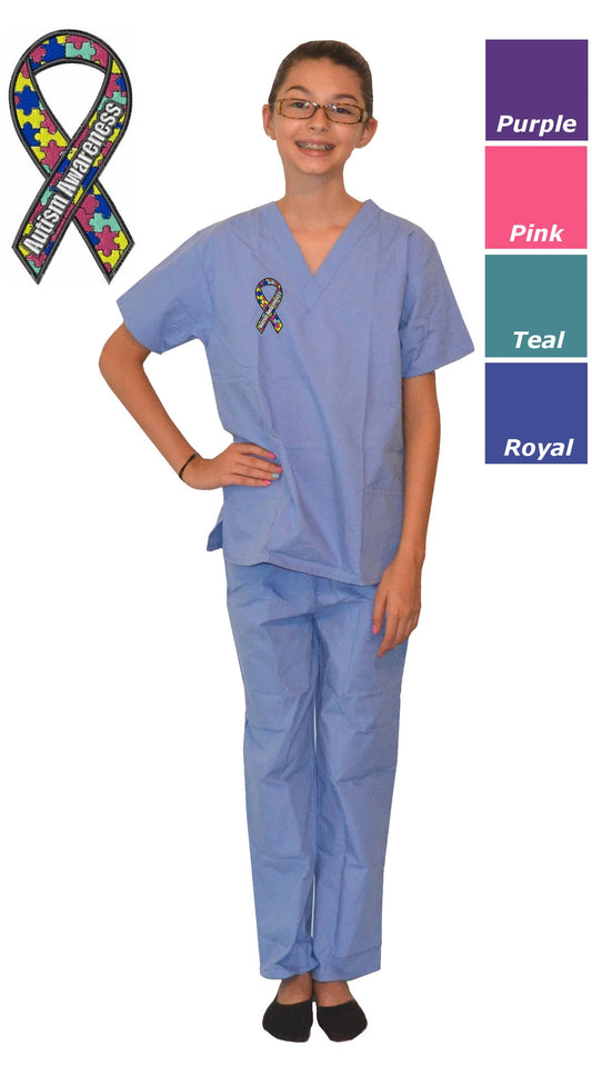 Kids Scrubs with Autism Awareness Ribbon Embroidery Design