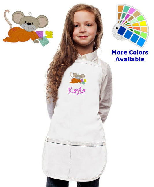 Personalized Kids Apron with Mouse Embroidery Design, Monogrammed Birthday Gift, Kids Chef Apron, Kids Cook Apron, Custom Apron