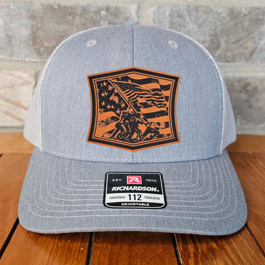 Iwo Jima Leather Patch Trucker Hat with Flag, Richardson 112, Military Gift, Marine Dad Gift, Husband Gift, Veteran Hat, Laser Engraved