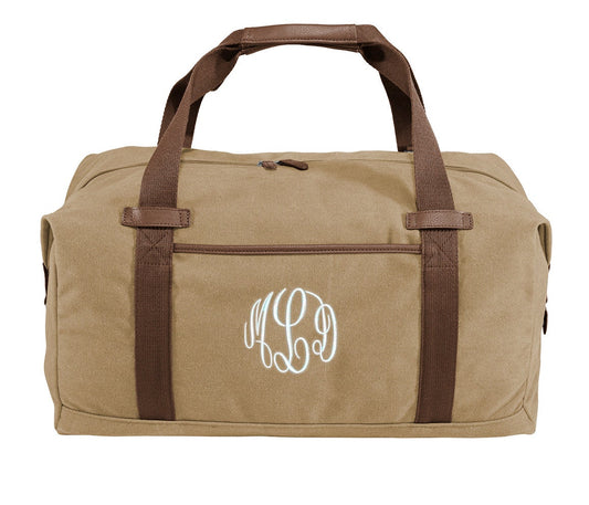 Monogrammed Khaki Duffel Bag, Gym Bag, Weekend Bag, Groomsmen Gift, School PE, Husband Gift, Embroidered with Initials or Text of Your Choice