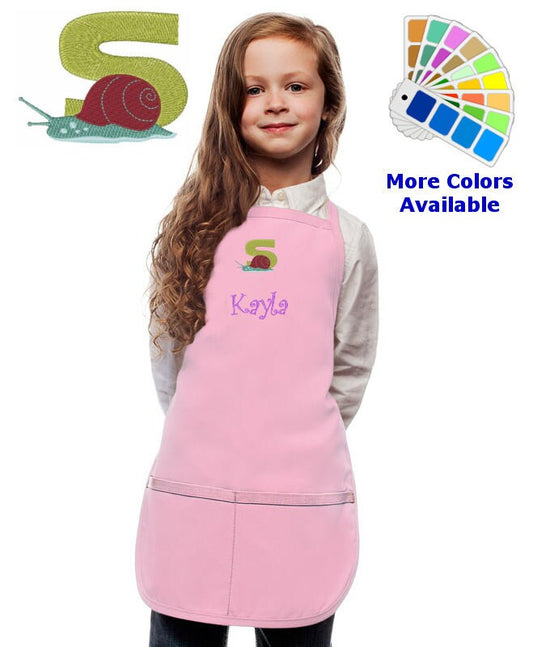 Personalized Kids Apron with Animal Alphabet Letter S Snail Embroidery Design, Monogrammed Art Smock, Childrens Apron, Cooking Gift