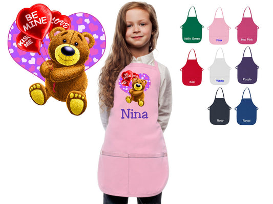 Personalized Kids Apron Valentines Day Bear Design, Monogrammed Gift, Chef Gift, Cooking Party, Art Party, School Aprons, Printed Apron
