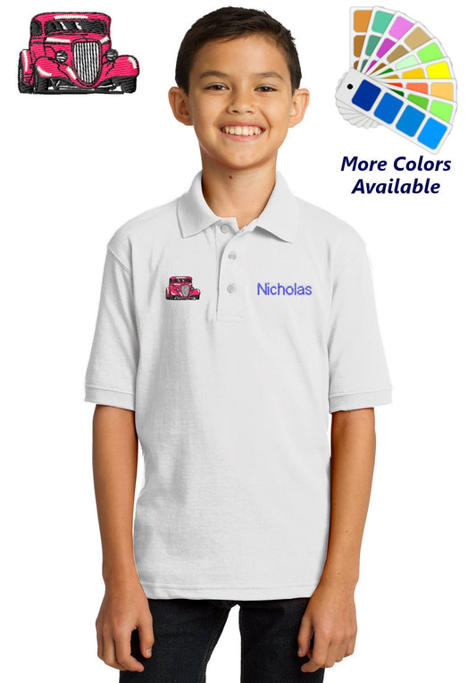 Personalized Kids Polo Shirt Embroidered Streetrod Hotrod Car Monogrammed with a Name or Text of Your Choice