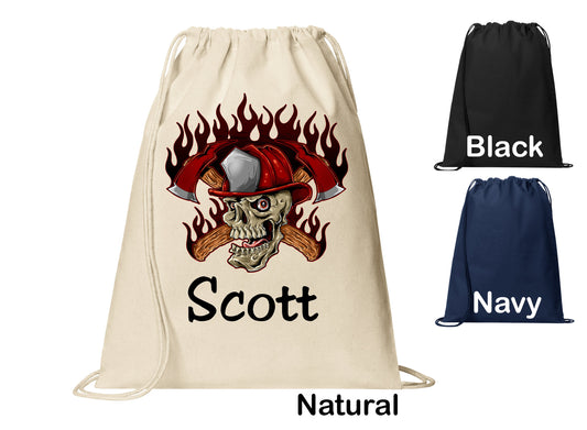 Personalized Firefighter Flaming Skull Axe Cinch Pack, Drawstring Gym School Pool Backpack, Printed Monogrammed Custom Name, Perfect Gift