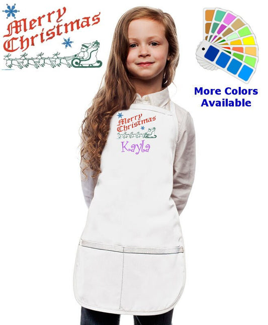 Personalized Kids Christmas Apron with Merry Christmas Santa Sleigh Embroidery Design, Cooking Kitchen Gift, School Student Gift Monogrammed