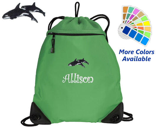 Personalized Cinch Pack, Drawstring Gym School PE, Pool Backpack, Embroidered Killer Whale, Monogrammed Custom Name, Perfect Gift