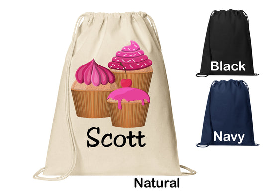 Personalized Pink Cupcake Cinch Pack, Drawstring Gym School PE Pool Backpack, Printed Monogrammed Custom Name, Perfect Gift
