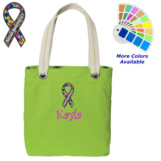 Personalized Canvas Tote Bag Autism Awareness Ribbon Design Contrast Lined with Metal Grommets Embroidered with Name or Text of Your Choice