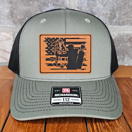 Bow Hunter Leather Patch Trucker Hat, Richardson 112, Deer Hunter Hat with Dad, Dad Gift Husband Gift, Sportsman Gift, Laser Engraved