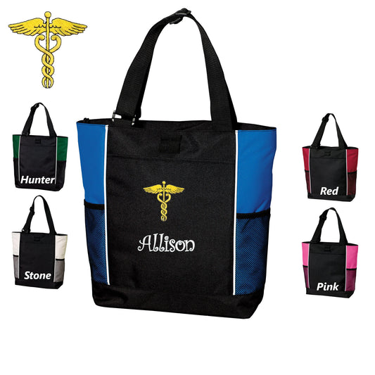 Personalized Canvas Nurse Tote Bag, Caduceus Design, Custom Tote, Tote with Zipper, Embroidered Custom Name, Funny Nurse Gift