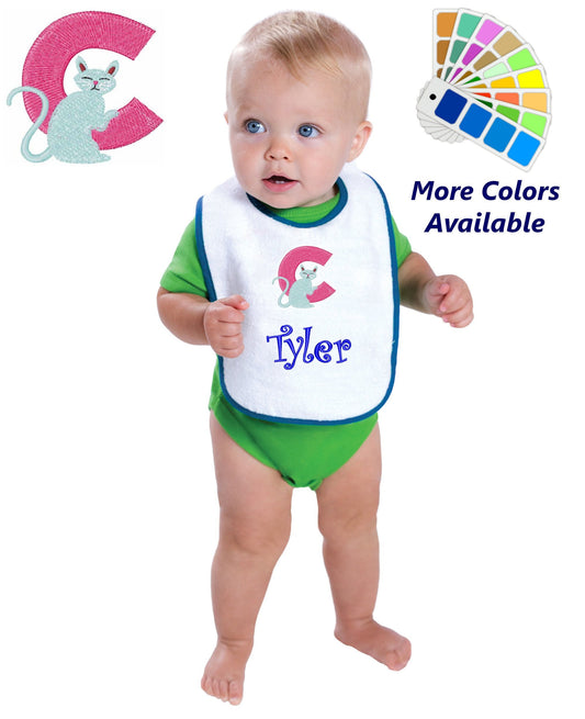 Personalized Baby Bib, White Cotton Terry with Contrast Trim, Letter C, Alphabet, Cat Design, for Boy or Girl, Embroidered Name
