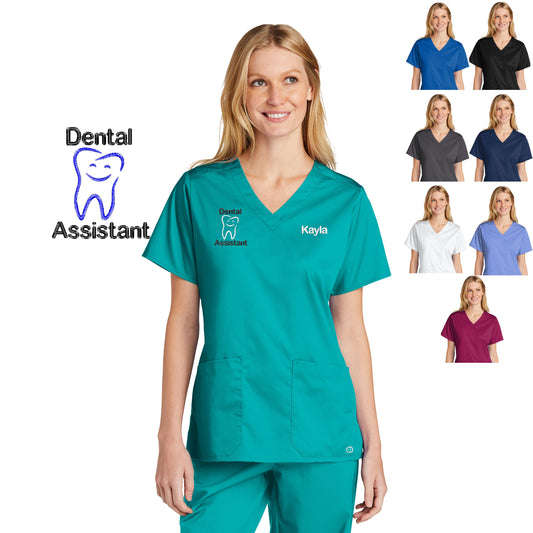 Personalized Womens Dental Assistant Scrubs Top with Tooth Design, Custom Embroidered Name, Doctor, Hospital, Shirt, Medical Apparel