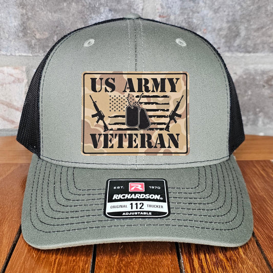 Army Veteran Leather Patch Trucker Hat, Richardson 112, US Army Veteran Camo Hat, Military Gift, Flag, Dad Gift, Army Cap, Laser Engraved