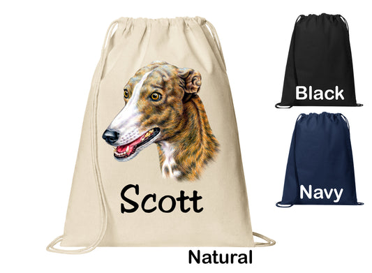 Personalized Greyhound Dog Design Cinch Pack, Drawstring Gym School Pool Backpack, Printed Monogrammed Custom Name, Perfect Gift