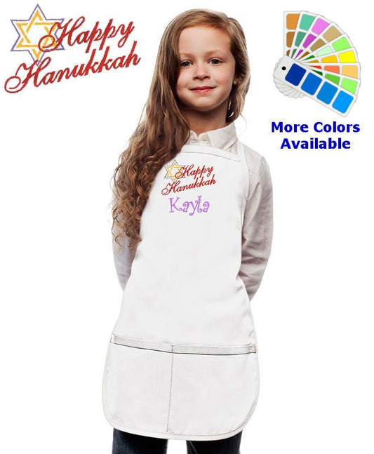 Personalized Kids Hanukkah Apron with Happy Hanukkah, Star of David Embroidery Design, Holiday Apron