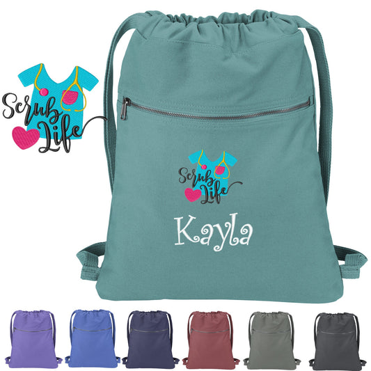 Personalized Nurse Cinch Pack Gift, Embroidered Colorful Scrubs Life Design, Drawstring Doctor, Pool Backpack, Monogrammed Custom Name