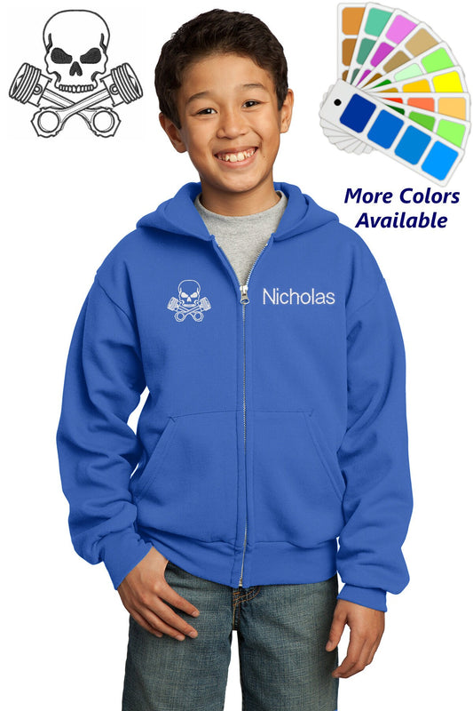 Personalized Kids Hoodie Sweatshirt Zipper Embroidered Skull and Pistons Car Mechanic Design with a Name of Your Choice