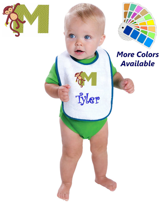 Personalized Baby Bib, White Cotton Terry with Contrast Trim, Letter M, Alphabet, Monkey Design, for Boy or Girl, Embroidered Name