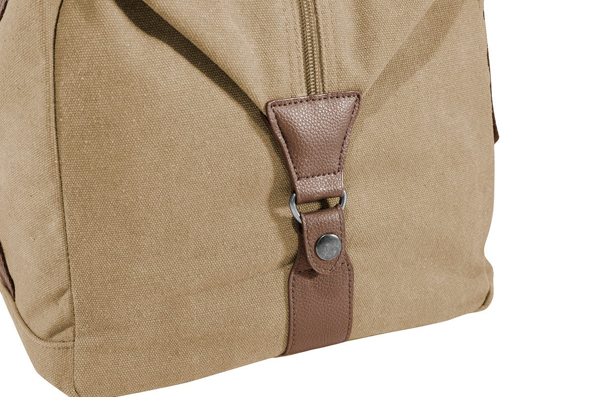 Personalized Khaki Duffel Bag, Gym Bag, Weekend Bag, Groomsmen Gift, School PE, Husband Gift, Embroidered with Name or Text of Your Choice