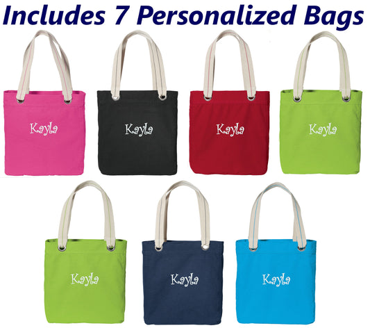 Personalized Canvas Tote Bags, Bulk Totes, Bridesmaid Gift, Wedding Party Gift, Contrast Lined, Metal Grommets, Embroidered with Name