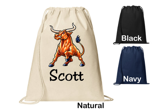 Personalized Bull Stock Market Trader Cinch Pack, Drawstring Gym School PE Pool Backpack, Printed Monogrammed Custom Name, Perfect Gift