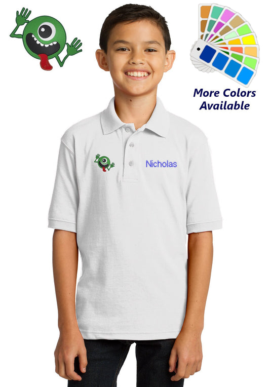 Personalized Kids Polo Shirt Embroidered Green Monster Monogrammed with a Name or Text of Your Choice