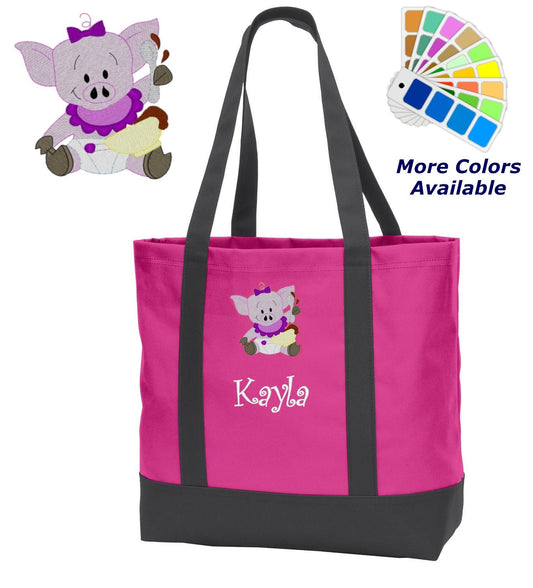 Personalized Tote Bag Embroidered Pig with Name of Your Choice Perfect Gift