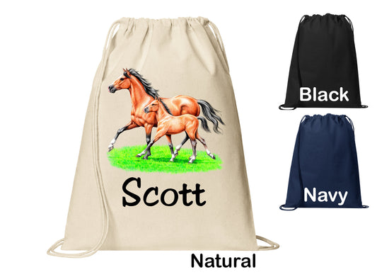 Personalized Horse Foal Pony Cinch Pack, Drawstring Gym School Pool Backpack, Printed Monogrammed Custom Name, Perfect Gift