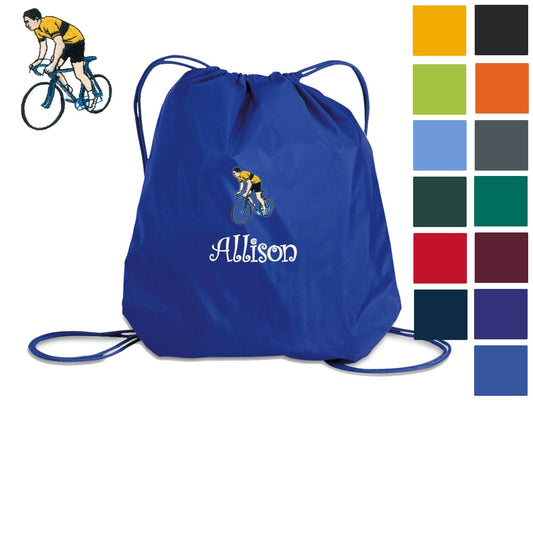 Personalized Kids Bicycle Cinch Pack, Drawstring Gym School PE Pool Backpack, Embroidered Sports Bag, Monogrammed Custom Name, Kids Gift