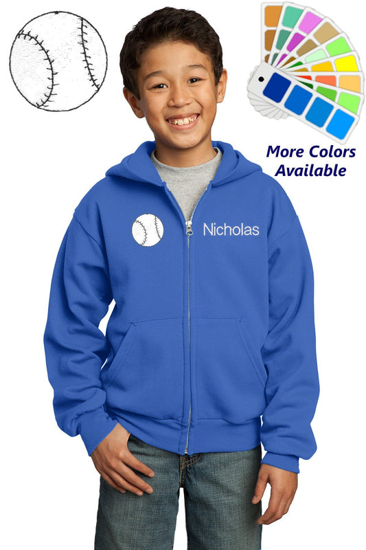 Personalized Kids Baseball Hoodie Sweatshirt Zipper Embroidered Baseball Design with a Name of Your Choice