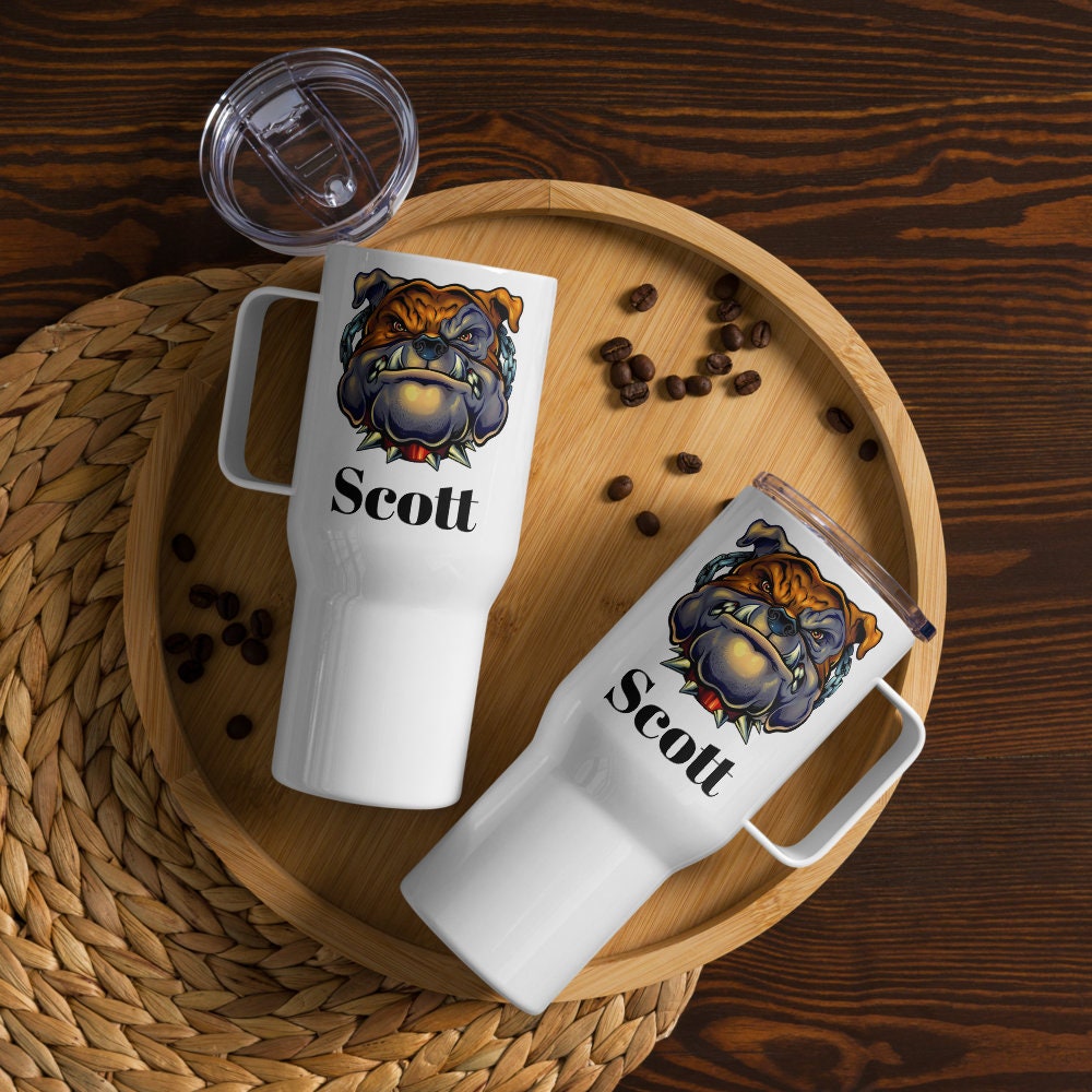 Custom Bulldog Dog Travel Mug Tumbler with Handle, Stainless Steel BPA-free plastic Cup, 25 Ounce Mug, Dad Mom Dog Lover Gift