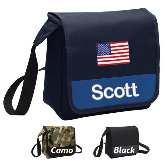 Personalized American Flag Lunch Bag Box Cooler, Polyester Canvas Fabric, Insulated Embroidered School Work Sports Monogrammed Custom Name