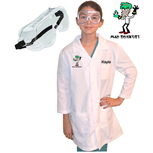 Personalized Kids Mad Scientist Lab Coat with Goggles, Halloween Costume, Crazy Professor, Science Gift