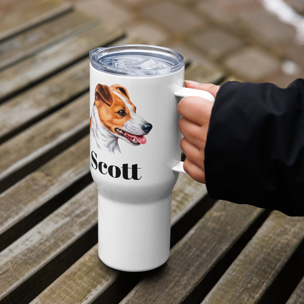 Custom Jack Russell Terrier Dog Travel Mug Tumbler with Handle, Stainless Steel BPA-free Cup, 25 Ounce Mug, Dad Mom Dog Lover Gift