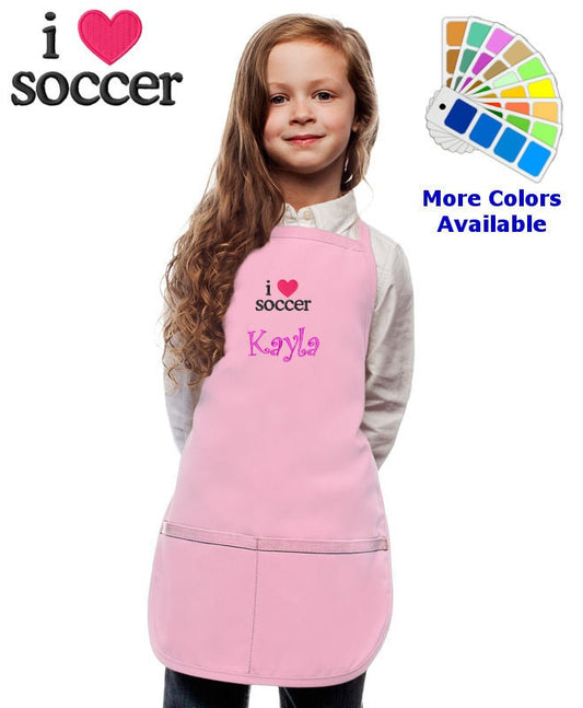 Personalized Kids Apron with I Love Soccer Embroidery Design, Cooking Kitchen Gift, School Gift, Sports Gift, Monogrammed, Cooking Party