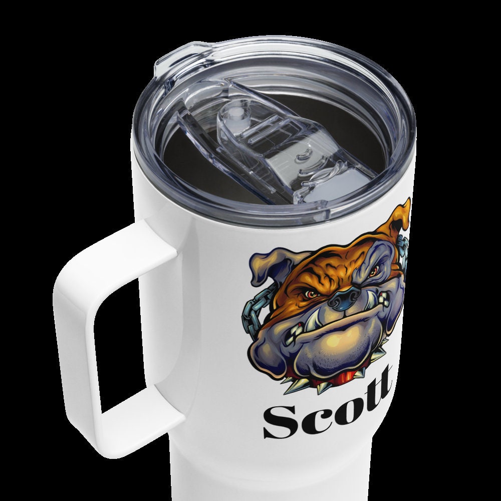 Custom Bulldog Dog Travel Mug Tumbler with Handle, Stainless Steel BPA-free plastic Cup, 25 Ounce Mug, Dad Mom Dog Lover Gift