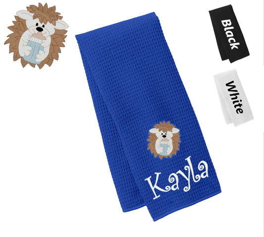 Personalized Towel Hedgehog Design, Kitchen Towel, Hand Towel, Bathroom Towel, Waffle Microfiber, Embroidered Name, Kids Gift, Mom Gift