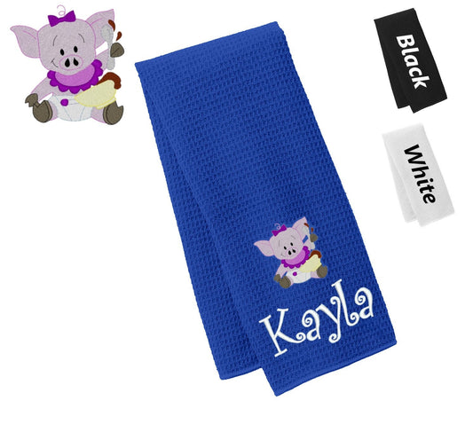 Personalized Towel Pig Design, Kitchen Towel, Hand Towel, Bathroom Towel, Waffle Microfiber, Embroidered Name, Kids Gift, Mom Gift