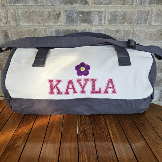 Personalized Cotton Duffel Bag, Glitter Flower Applique Gym School PE Pool Bag, Embroidered, Monogrammed Custom Name, Kids Gift School Gift