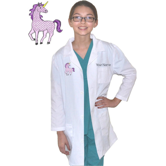 Embroidered Personalized Kids Lab Coat with Unicorn Embroidery Design for little Doctors and Nurses