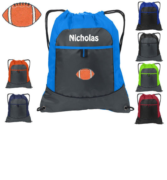 Personalized Kids Cinch Pack Drawstring, Football Design, Gym School PE Sports Backpack, Embroidered Monogrammed Custom Name Gift