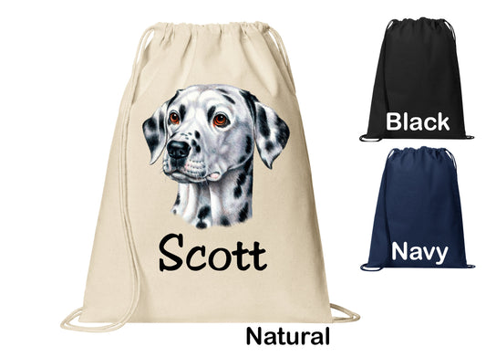 Personalized Dalmatian Face Dog Cinch Pack, Drawstring Gym School PE Pool Backpack, Printed Monogrammed Custom Name, Perfect Gift